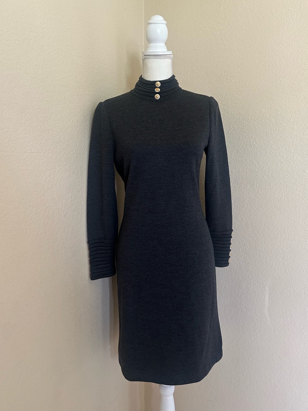 St John Marie Gray Knit Slate Grey Wool Dress Sz 4 Mock Neck Minimalist Luxury